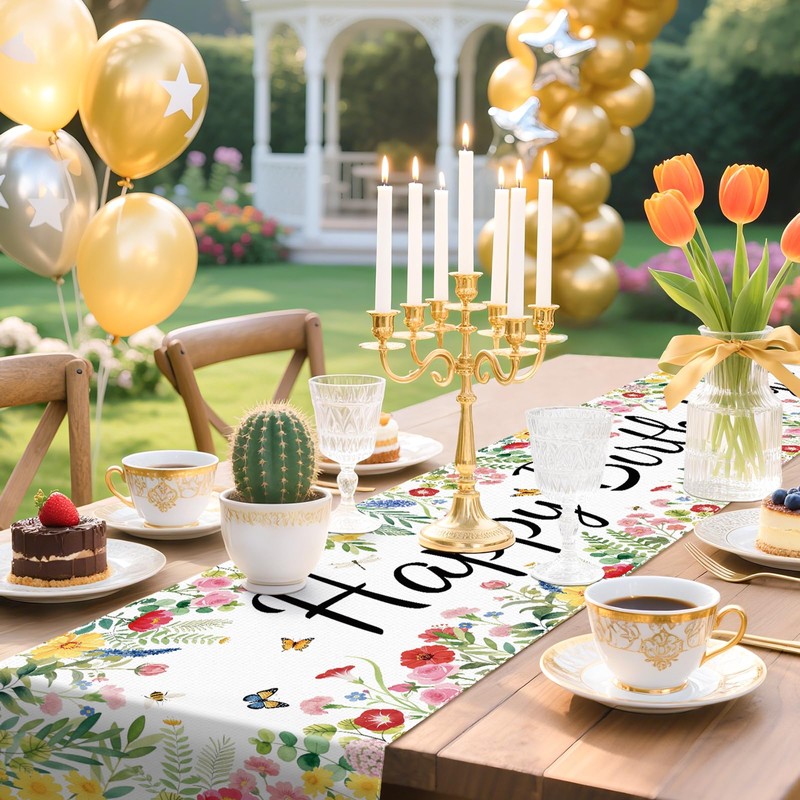 Happy Birthday Table Runner, Floral Garden Flowers Design Kitchen Dining
