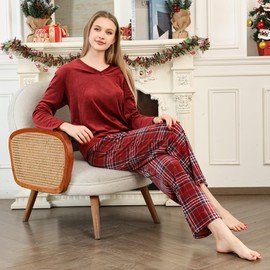EK4YDNDS Couple Pajama Sets, Soft Pullover PJs with Plaid Pants, Matching Warm Sleepwear for Women(Burgundy/Red Green Plaid,L)