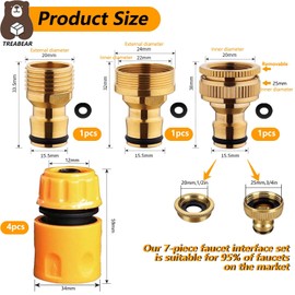 TREABEAR 7 pieces garden hose connection set, tap adapter 1/2 and 3/4 2 in 1, adapter tap garden hose 22 mm and 24 mm, brass hose adapter tap 1/2 inch, hose coupling 1/2