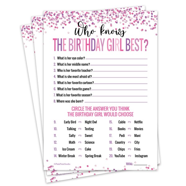 15 Who Knows The Birthday Girl Best Game Cards- for Child or Teen- Fun and Easy Game for Party or Sleepover- Girl Birthday Supplies, Activity, Decorations