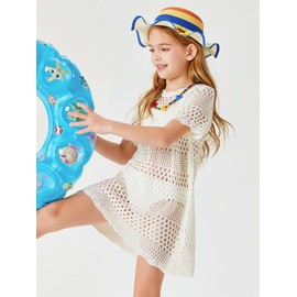 Batermoon Girls Swim Cover Up Crochet Bathing Suit Cover Ups Short Sleeve Summer Beach Dress 5-14 Years