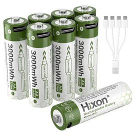 Hixon 1.5V USB Rechargeable Lithium Batteries AA Size,3000mWh Double AA Rechargeable Battery,Charges 1.5 Hours, Over 1000 Cycles, 4-in-1 USB-A to USB-C Charging Cable, LED Charge Indicator, 8-Pack
