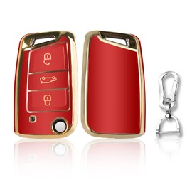 QBUC Golden Edge Car Key Case for VW, Three Buttons Car Key Box, Car Scratch Resistant Key Case, Key Cover for VW Polo, Skoda, Tiguan, MK (A-Red)