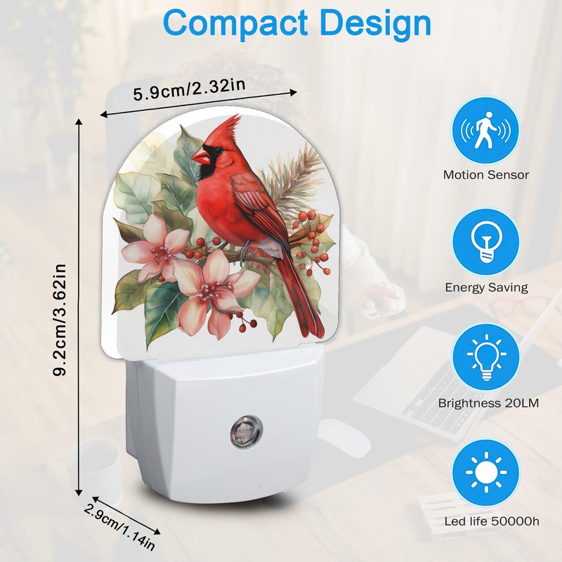 YESPOAK Night Light,Red Cardinal Bird Flowers Night Lights Plug Into