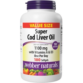Webber Naturals Super Cod Liver Oil with Vitamin A and D3, 1100 mg per Softgel, 180 Softgels, Value Size, Dairy and Gluten Free