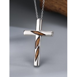 Wooden Cross Necklace for Men 925 Sterling Silver Wood Necklace Religious Pendant Jewelry for Women