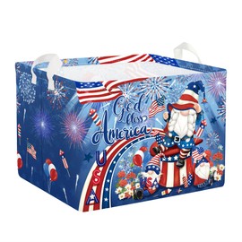 Clastyle Memorial Day Land of The Gift Basket Retro America Flag Patriotic 4th July Storage Bin Baby Toy Book Shelf Basket Beach Clothes Towel Basket, Fireworks Gnome, 40*30*30 cm