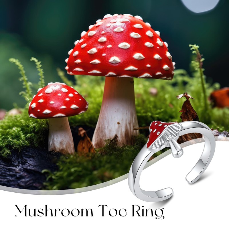 CUPENDA Mushroom Toe Rings 925 Sterling Silver Red Mushroom Adjustable