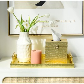 JUMBO HUMBLE Modern Elegant Gold Tissue Box Cover Square, Gold Crocodile Leather Tissue Box Holder for Napkin Facial Paper, Wood Tissue Box Cover for Bathroom Bedroom Vanity Countertop
