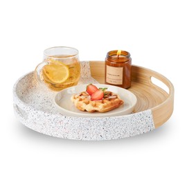 Kiwi Homie 14.17" Dia Spun Bamboo Serving Tray, Round Tray with Handles, Round Ottoman Tray, Semi White for Coffee Table, Serving Food on Home Dining Table, Restaurant (Sprinkle)