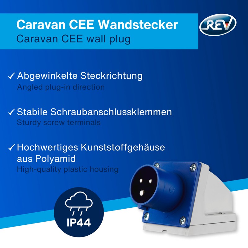REV 0510615555 Caravan, CEE plug wall 230V, 3-pin, 1Ph +