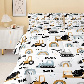 QOOMO Tractor Machinery Trucks Comforter Set, Construction Vehicle Down Bedding for Kids Boys, Bulldozer Crane Equipment Truck Duvet Set Full Size 3Pcs Room Decor