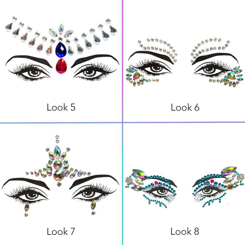 Face Gems for Festivals, Parties & Carnivals (8 Pack), Stick-on
