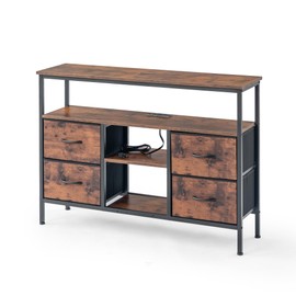 Homy Casa Industrial Console Table with USB & Charging Outlets – TV Stand, Sofa Table with Drawers & Shelf, Perfect for Living Room, Entryway, or Hallway, Vintage Brown