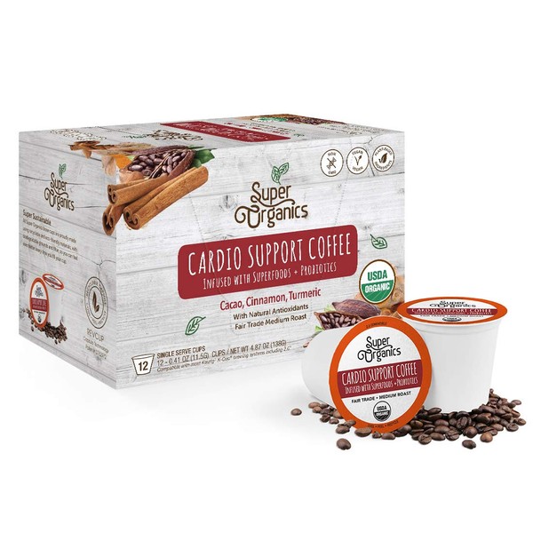 Super Organics Cardio Support Coffee Brew Cups With Superfoods & Probiotics | Keurig K-Cup Compatible | Cardiovascular Health | Medium Roast, USDA Certified Organic, Vegan & Fair Trade Coffee, 72ct