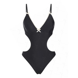 seamoly Lace Trim Bowknot Decor Monokini One-Piece Swimsuit,Black,XS