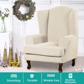 Turquoize Wingback Chair Covers 2 Piece Wing Chair Slipcover Stretch Slipcovers for Wingback Chairs Wing Chair Cover Spandex Jacquard Fabric with Elastic Bottom Non-Slip Furniture Cover,Biscotti Beige