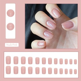 Pink Press On Nails, Short Coffin False Nails With Glue 24Pcs - Natural Nude Pink Fake Nail Set - 12 Sizes Stick On Nails - Reusable Easy Apply Home Manicure Kit For Women Daily Wear & Gifts