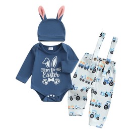 Bufarromio Infant Baby Boys My 1st Easter 3Pcs Outfits Long Sleeve Romper Tractor Suspender Pants Rabbit Ear Hat Clothes Set (Blue, 6-9 Months)