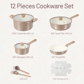 CAROTE 12Pcs Ceramic Pots and Pans Set Non Stick, Healthy Cookware Set, PFAS/PFOA Free, Kitchen Cooking Set with Frying Pans, Taupe