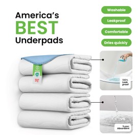 IMPROVIA® Washable Underpads, Heavy Absorbency Reusable Incontinence Pads for Kids, Adults, Elderly, and Pets - Waterproof Protection for Bed, Sofa, Furniture, Floor White & Blue (4 Pack - 18x24)