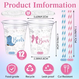 Honeydak 50 Pcs Team Bows Team Boots Gender Reveal Disposable Cups with Lids and Straw 12 oz Pink and Blue Plastic Drinking Cups for Boy or Girl Baby Shower Decorations Party Games and Supplies