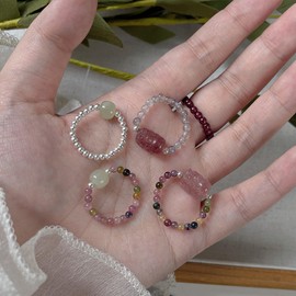 Joyful Elegance Women's Hetian Jade Silver-Plated Bead Elastic Ring - Geometric Animal Design, Luxury Minimalist Style for Daily Wear