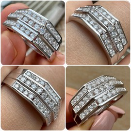 Heinlov D Color VVS1 Moissanite Mens Wedding Band 925 Sterling Silver Triple Row Round Cut Weddin Rings for Men Statement Size 9