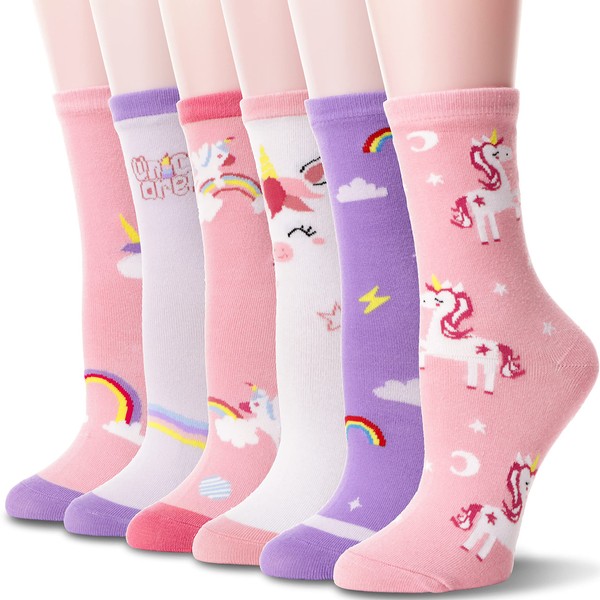 WELSOX Girls Kids Unicorn Socks Cute Fun Crew Fashion Funny Gifts Novelty Stocking Stuffers Soft Cotton Socks 6 Pairs(Unicorn,3-5 Y)