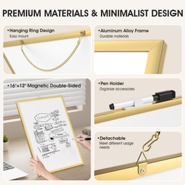 MaxGear (Bundle of 2 Sets) Double-Sided Dry Erase Board for Wall, 16" x 12" Gold Aluminum Frame Hanging Whiteboard, Magnetic White Board with a Black Dry Erase Marker, Whiteboard for Planning, Drawing