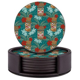 Set of 6 Round Leather Coasters with Holder for Bar, Drinks, Coffee (Tiki Mask Pattern)