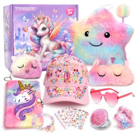 Unicorn Toys for Girls - Girls Toys 4 5 6 7 8-12 Years Old with Light Up Stars Pillow/Purse/Diary with Lock/Adjustable Hat & Gem Stickers/Unicorn Gifts Birthday Christmas Easter