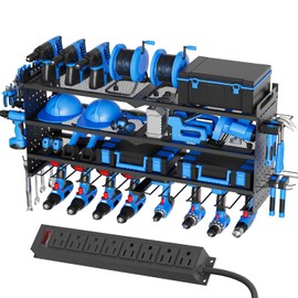 Power Tool Organizer Wall Mount with Charging Station, 4 Layers 8 Drill Holder, Heavy Duty Storage Utility Racks, Supports 600 lbs,Battery Shelf for Garage and Workbench (32 Inch 8 Drills Holder)