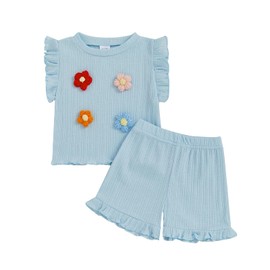 Toddler Girls Shorts Set Summer Sleeveless 3D Flower Tank Top and Shorts Summer T-Shirt 2-piece Outfit Clothes (Blue, 6-12 Months)