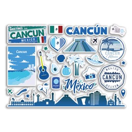 A5 Sticker Sheet Cancun Landmarks Vinyl Stickers - Blue Mexican Mexico Beach Airport Skyline Scrapbook Travel Holiday City Luggage #80772