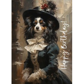 PIXILUV HAPPY BIRTHDAY Greeting card ~ Funny Dog Dressed Up in an Elaborate Victorian Era Dress ~ Birthday Wishes Greetings Large Vintage Styled Card