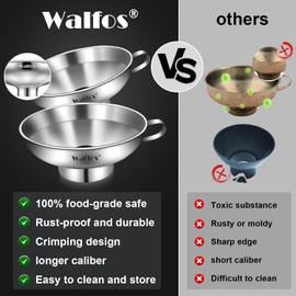 WALFOS Jam Funnel Wide Neck, 10cm & 14cm Canning Funnels With Handle Ideal For Mason Jars Canning Jars Transferring Liquid and Dry Ingredients