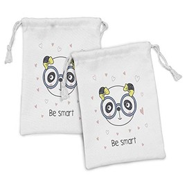 Ambesonne Geek Fabric Pouch Set of 2, Hand-Drawn Doodle Panda Girl Wearing Glasses on White Background Heart Shapes, Small Drawstring Bag for Toiletries Masks and Favors, 9" x 6", Multicolor