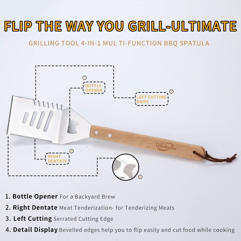 Qinshaine 4-in-1 BBQ Spatula, Multifunction Grill Spatula with Wooden Handle,