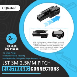 CQRobot JST SM 2.5 mm Pitch 2-Pin Electronic Connector IC Male Plugs, Female Sockets Housing and Male/Female T-Shaped Crimp Terminal Kit. 50 Sets/300 Pieces Wire-Wire Adapter Cable Assembly.