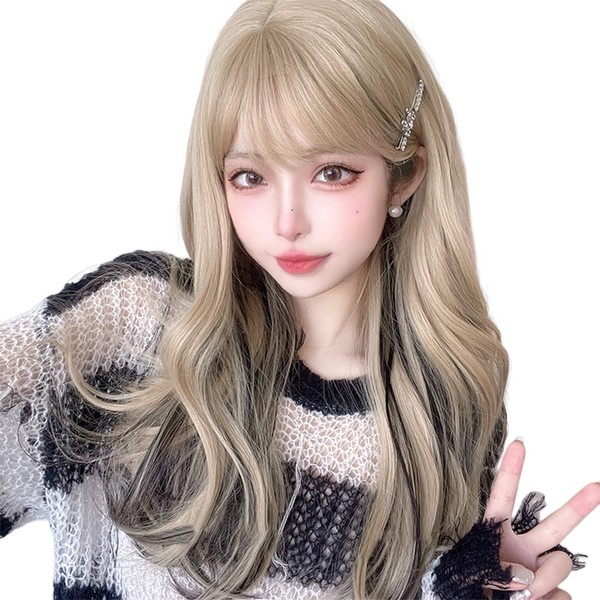 Exgox Wig, Long, Curly, Wave, Curly Hair, Gold, Gradient, Wig, Women's, Cross-Dressing, Full Wig, Small Face, Natural, Cute, Fashion, Harajuku Style, Heat Resistant, Net, Cosplay, Lolita, Daily Use, Net Included (Gold + Black)