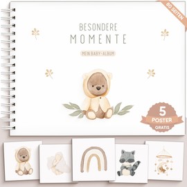 OLGS Baby Album Teddy Lou Memory Book My First Year Baby Book to Enter Special Moments for Girls and Boys Ring Binder A4 Photo Album with Baby Room Poster
