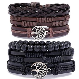 FineryGal Tree of Life Family Leather Wristband Bracelets for Women Men Braided Leather Cord Adjustable Bohemian Layered Bracelets for Family