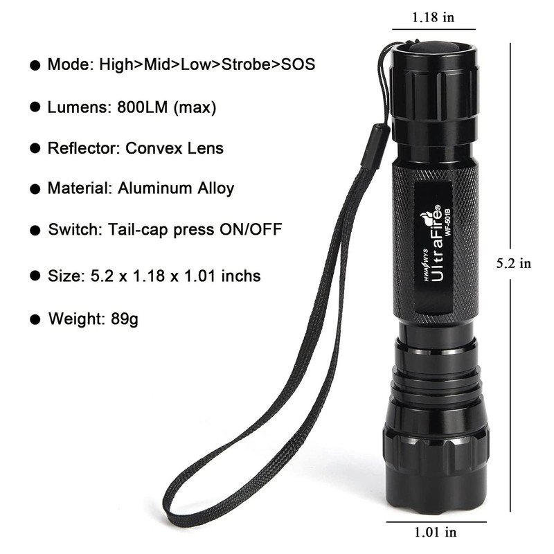 ULTRAFIRE 800 Lumens Tactical Flashlight WF-501B 5 Light Modes Super