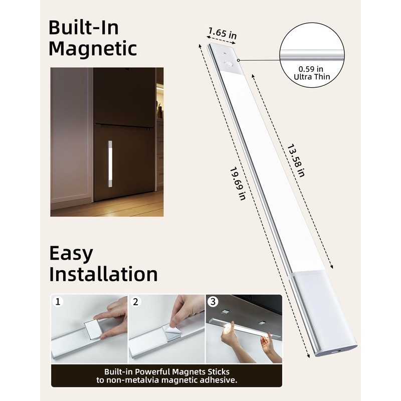 EZVALO Under Cabinet Lighting, 2200mAh Closet Lights with 2 Extra
