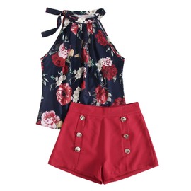 SweatyRocks Women's Floral Printed Summer Romper Boho Beach 2 Piece Outfits Top with Shorts Navy Red Small