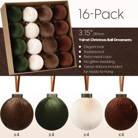 Sea Team 16-Pack Flocked Velvet Cloth Christmas Tree Ball Ornaments Set, Hanging Velour Baubles, Shatterproof Plastic Decorations for Xmas Tree, Wreath, Garland, 80mm/3.15 Inches, Prairie Fall