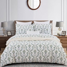 DAUAOTO Duvet Cover Queen Size Set - 90"x90" Cover + 2 Shams, 100% Cotton Bedding Sets Botanical Vines Print, Farmhouse Cuntry Green Pattern