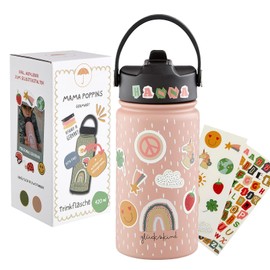 Mama Poppins Germany Children's Drinking Bottle Stainless Steel 420 ml with Straw, Leak-proof and BPA-Free, Suitable for Children from 3 Years, Dishwasher Safe (Pink)