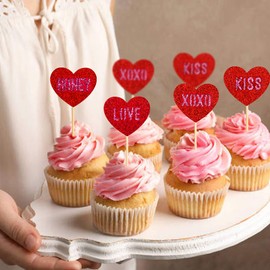 Keaziu - Paquete de 24 decoraciones para cupcakes de San Valentín, con forma de corazón rojo, para decoración de tartas, San Valentín, boda, fiesta, vacaciones, suministros